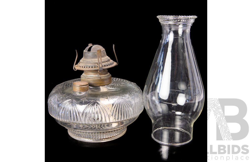 Antique Crown Crystal Oil Lamp with Glass Base & Font, with Glass Chimney
