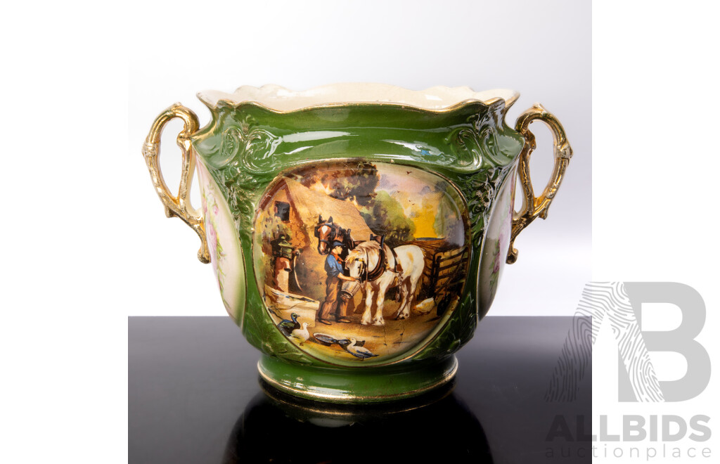 Antique Ceramic Twin Handled Jardiniere with Bucolic Rural Horse Scene