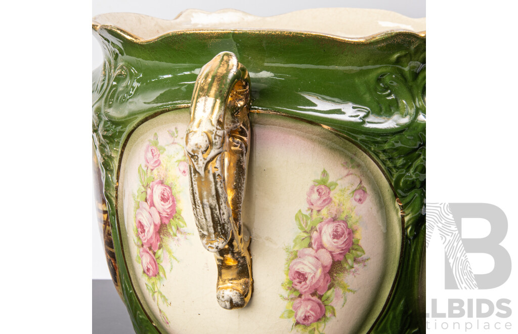 Antique Ceramic Twin Handled Jardiniere with Bucolic Rural Horse Scene