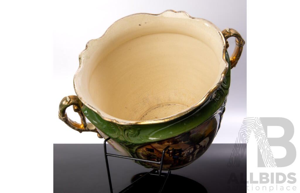Antique Ceramic Twin Handled Jardiniere with Bucolic Rural Horse Scene