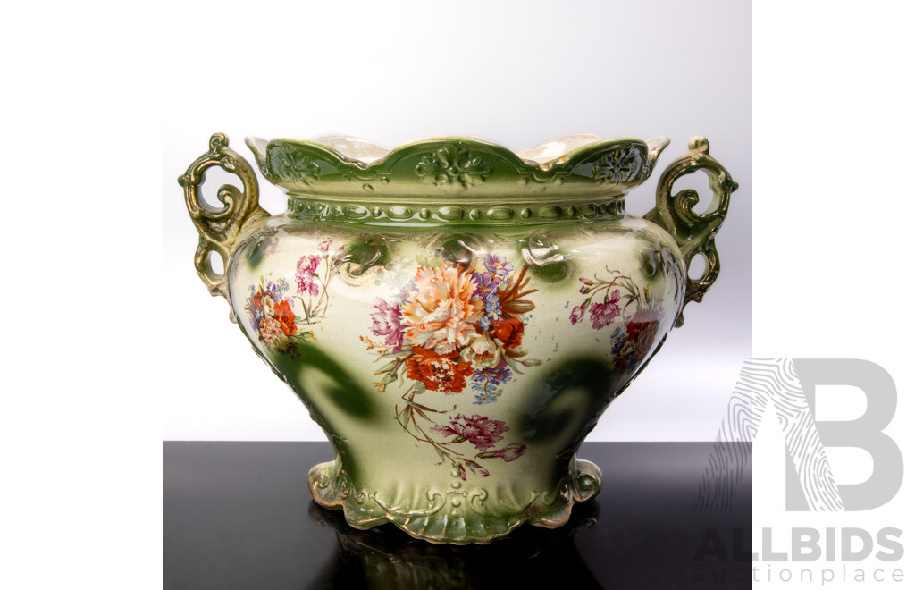 Antique Australian Ceramic Twin Handled Jardiniere with Floral Scene