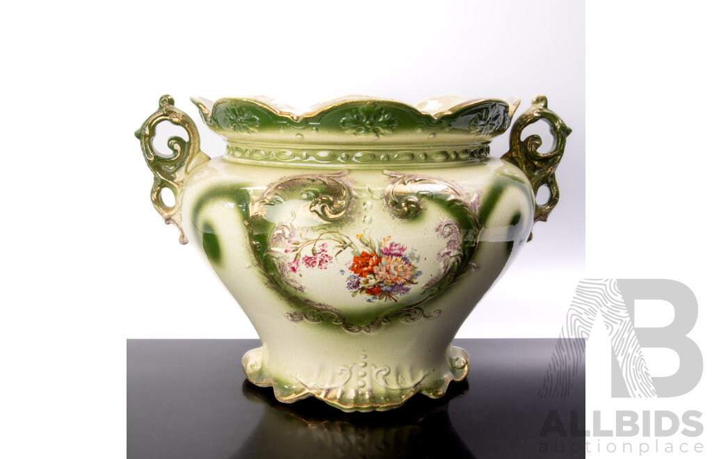 Antique Australian Ceramic Twin Handled Jardiniere with Floral Scene