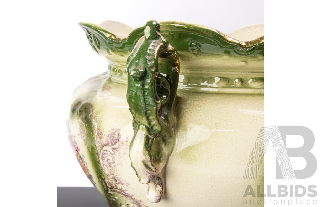Antique Australian Ceramic Twin Handled Jardiniere with Floral Scene