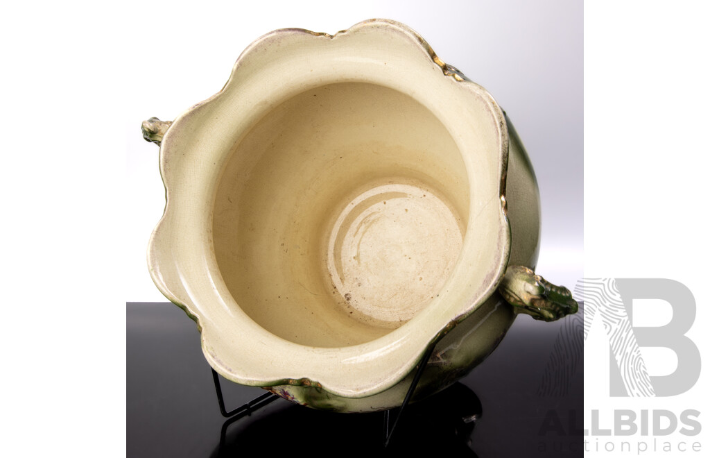 Antique Australian Ceramic Twin Handled Jardiniere with Floral Scene