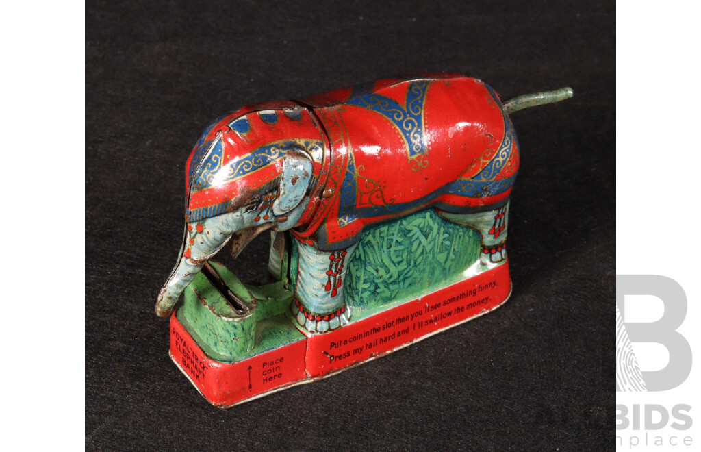 Vintage Saalheimer & Strauss Pressed Steel Royal ''Trick'' Elephant Bank, Made in Germany
