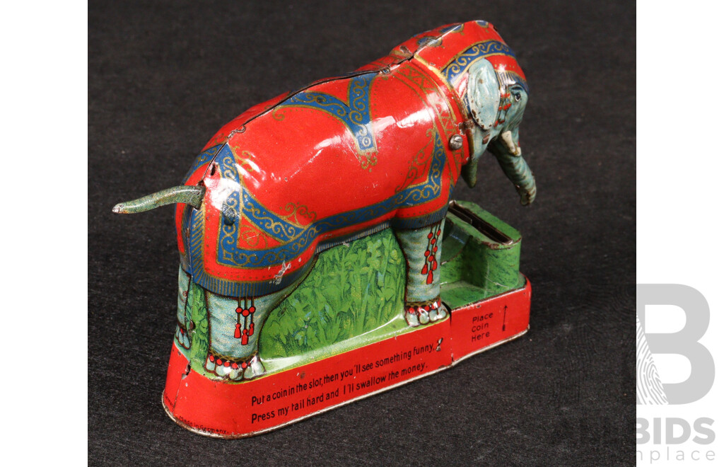 Vintage Saalheimer & Strauss Pressed Steel Royal ''Trick'' Elephant Bank, Made in Germany
