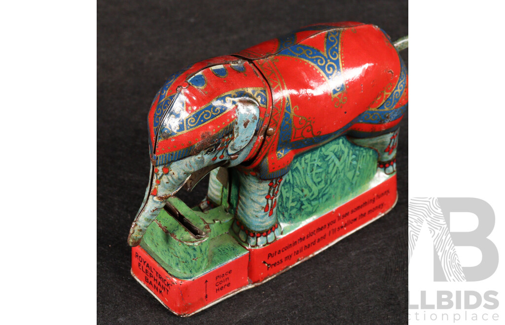 Vintage Saalheimer & Strauss Pressed Steel Royal ''Trick'' Elephant Bank, Made in Germany