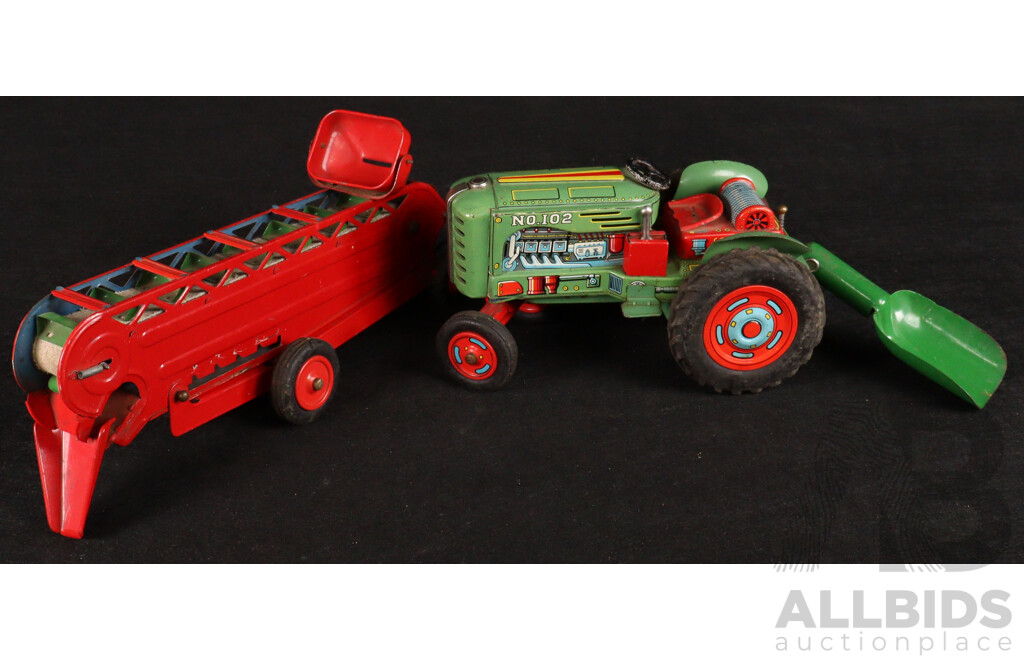 Vintage Modern Toys Pressed Steel Battery Operated Tractor, Conveyor and Scoop, Made in Japan