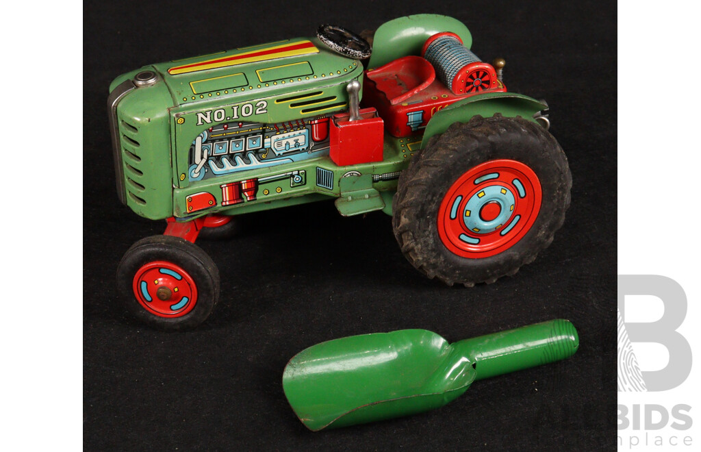 Vintage Modern Toys Pressed Steel Battery Operated Tractor, Conveyor and Scoop, Made in Japan