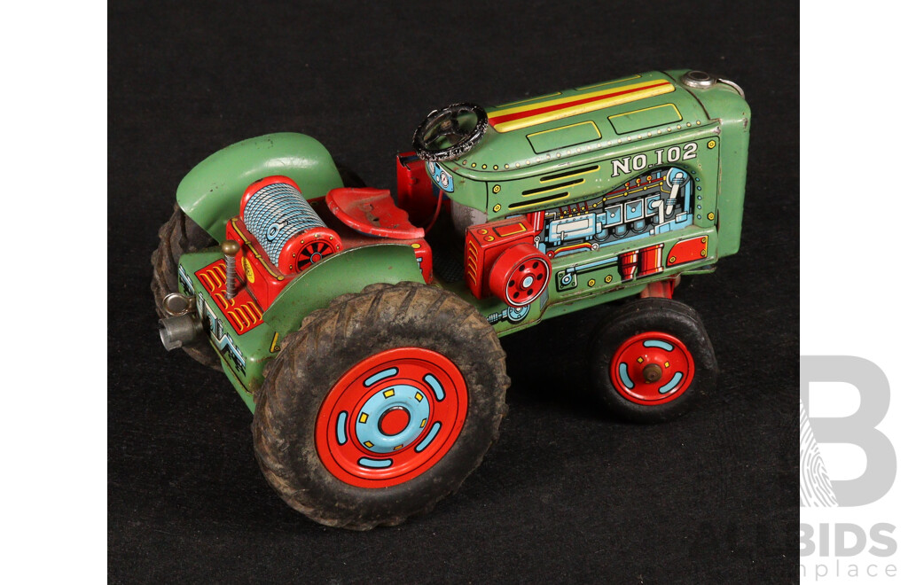 Vintage Modern Toys Pressed Steel Battery Operated Tractor, Conveyor and Scoop, Made in Japan