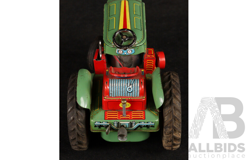 Vintage Modern Toys Pressed Steel Battery Operated Tractor, Conveyor and Scoop, Made in Japan