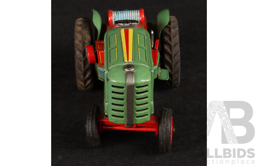 Vintage Modern Toys Pressed Steel Battery Operated Tractor, Conveyor and Scoop, Made in Japan