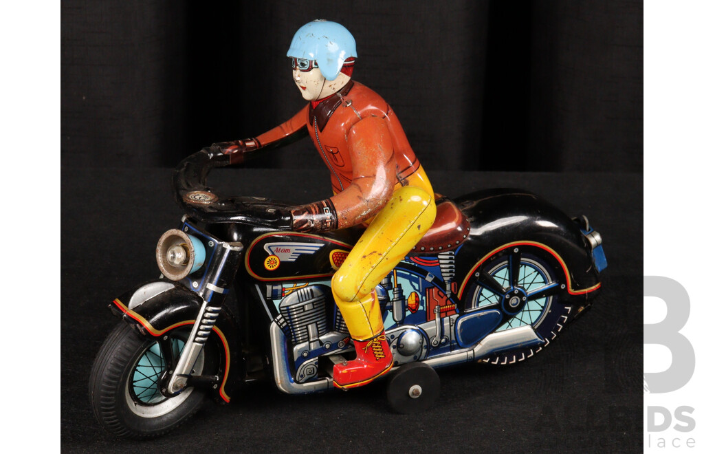 Vintage Modern Toys Pressed Steel Battery Operated ATOM Motorcycle and Rider, Made in Japan