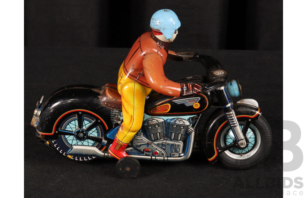 Vintage Modern Toys Pressed Steel Battery Operated ATOM Motorcycle and Rider, Made in Japan