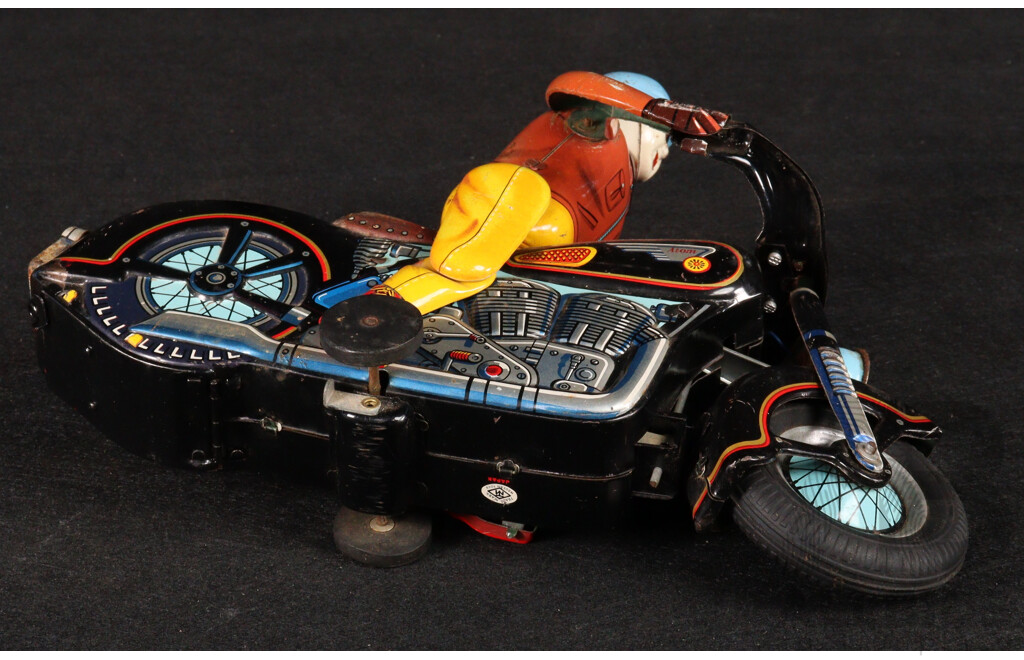 Vintage Modern Toys Pressed Steel Battery Operated ATOM Motorcycle and Rider, Made in Japan