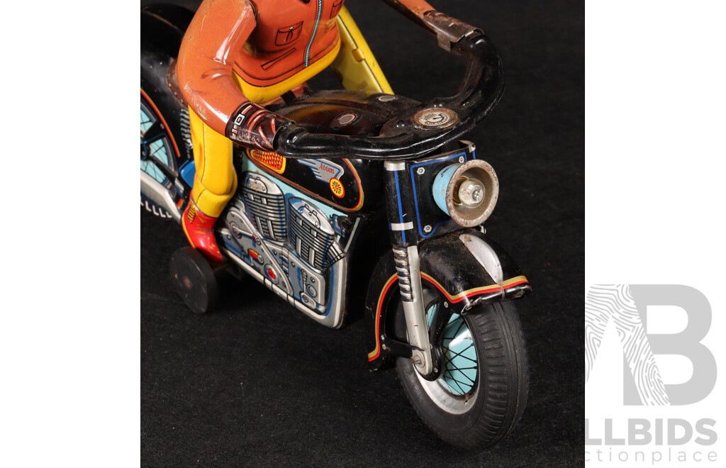 Vintage Modern Toys Pressed Steel Battery Operated ATOM Motorcycle and Rider, Made in Japan