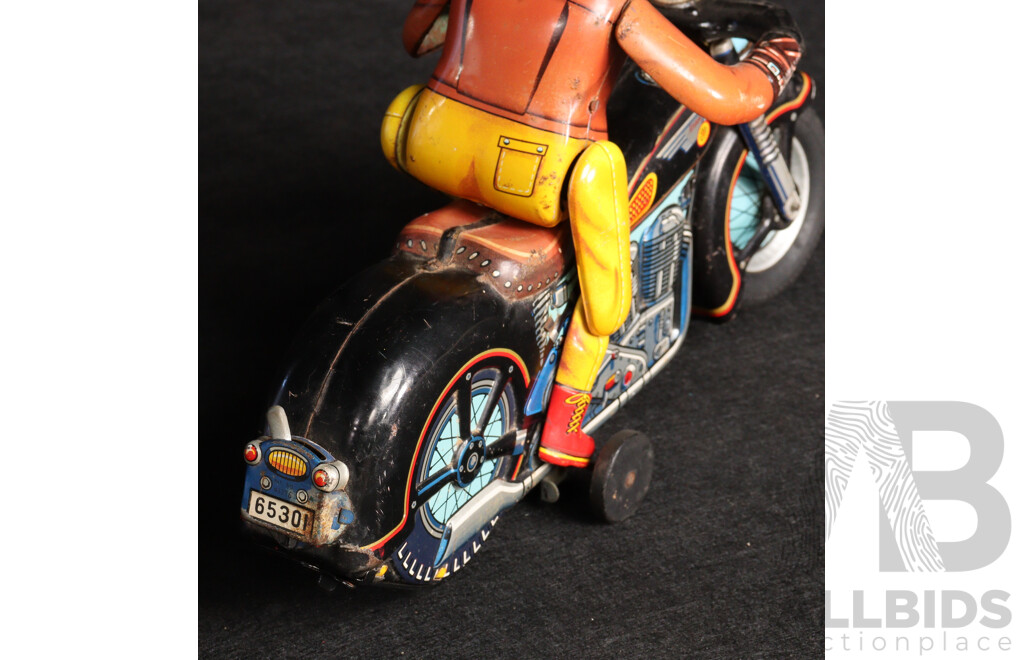 Vintage Modern Toys Pressed Steel Battery Operated ATOM Motorcycle and Rider, Made in Japan