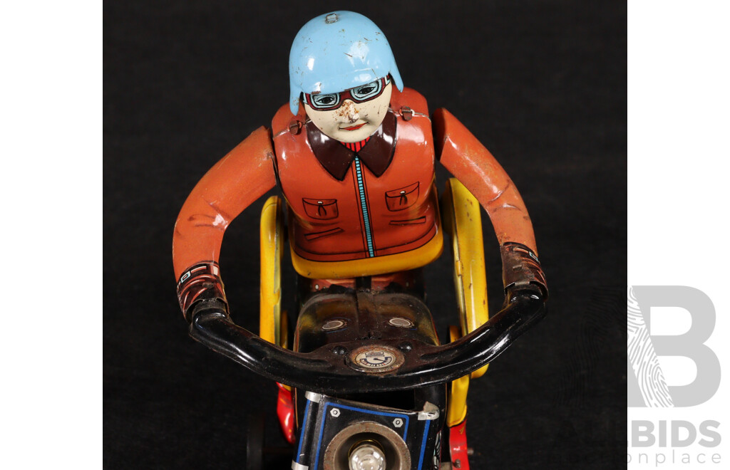 Vintage Modern Toys Pressed Steel Battery Operated ATOM Motorcycle and Rider, Made in Japan