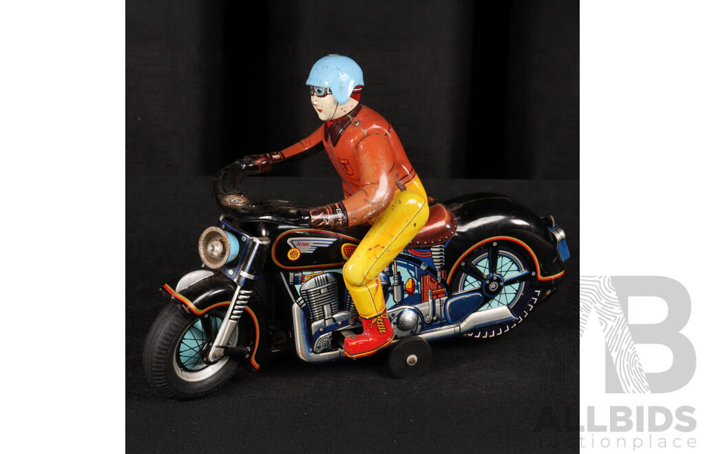 Vintage Modern Toys Pressed Steel Battery Operated ATOM Motorcycle and Rider, Made in Japan