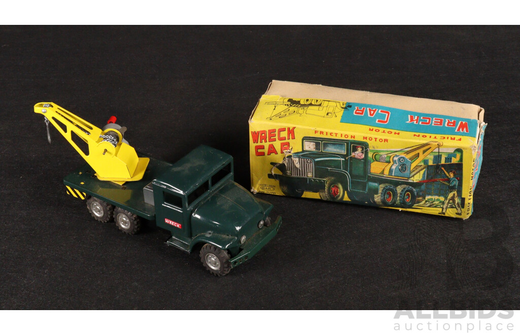 Vintage Haji Pressed Steel 'Wreck Car' with Friction Motor and Original Box , Made in Japan
