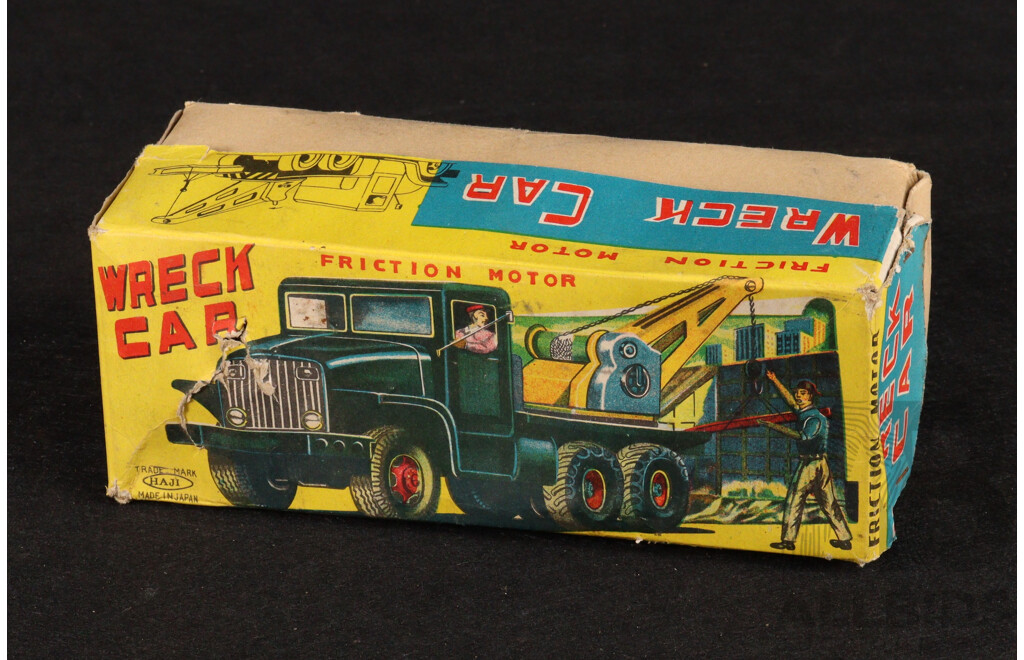 Vintage Haji Pressed Steel 'Wreck Car' with Friction Motor and Original Box , Made in Japan