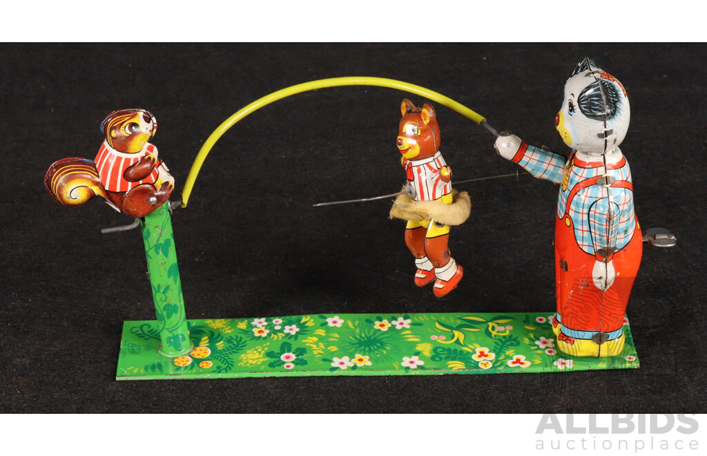 Vintage TPS Pressed Steel Animals Playing Skipping Rope, Made in Japan