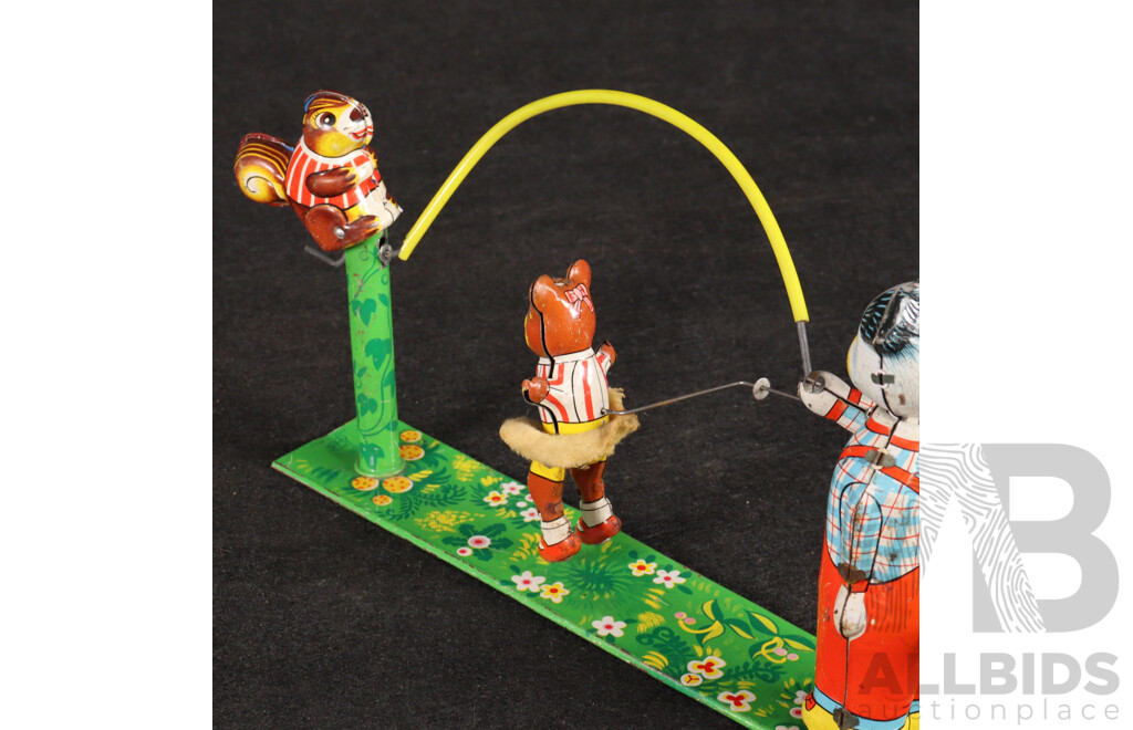 Vintage TPS Pressed Steel Animals Playing Skipping Rope, Made in Japan