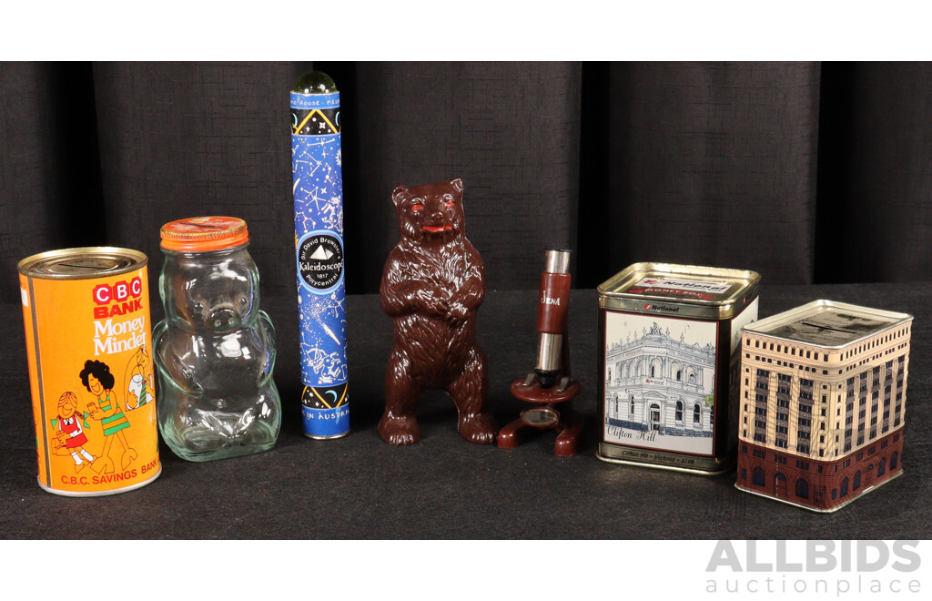 Vintage Jena Toy Microscope, CBC Money Tin, Allens Glass Bear Money Bank, National and Commonwealth Money Tins, Cast Alloy Bear Money Bank, Dynamo House Kaleidoscope