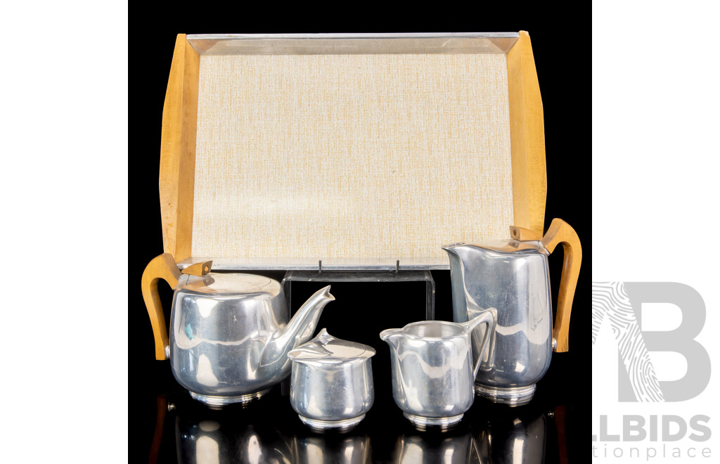 Mid Century Picquot Wear Magnalium Five Piece Tea Set