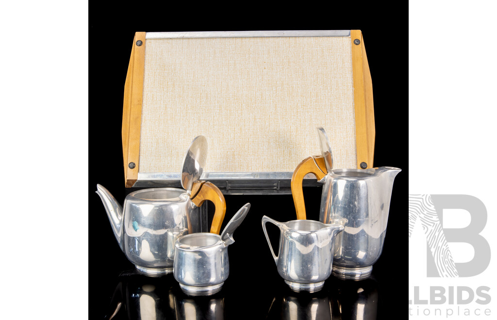Mid Century Picquot Wear Magnalium Five Piece Tea Set