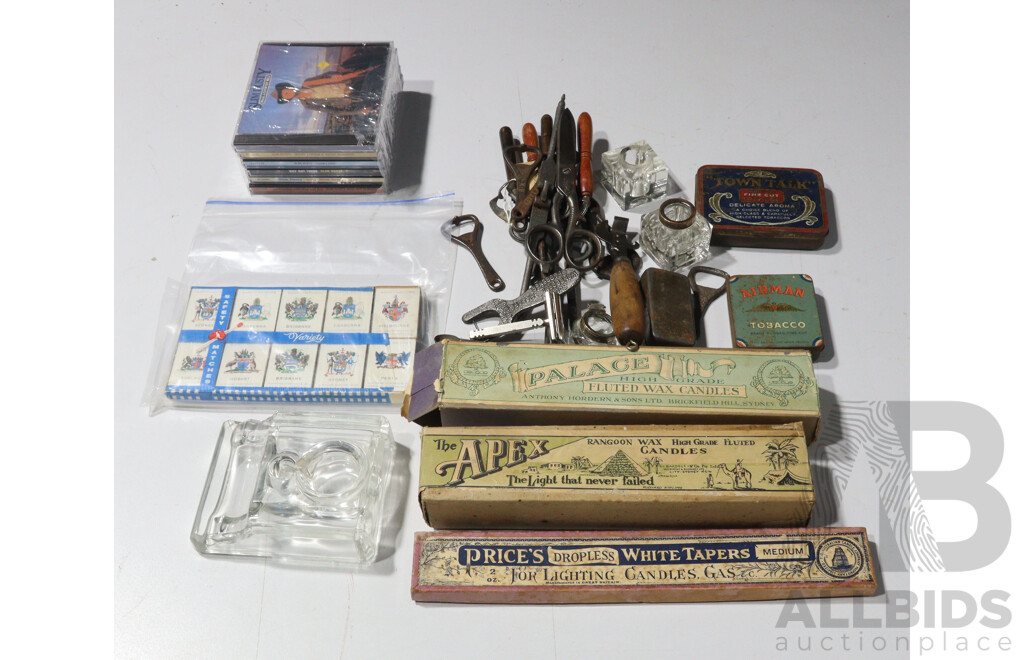 Collection Antique & Vintage Items Including Household Ephemera, Glass Inkwells, Thee Boxes Candles, Collectable Matchboxes, Tins, Six Slim Dusty Cds and More