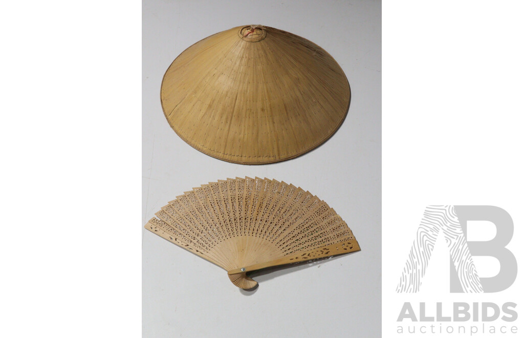 Vintage Chinese Straw Sun Hat Along with Chinese Wooden Fan