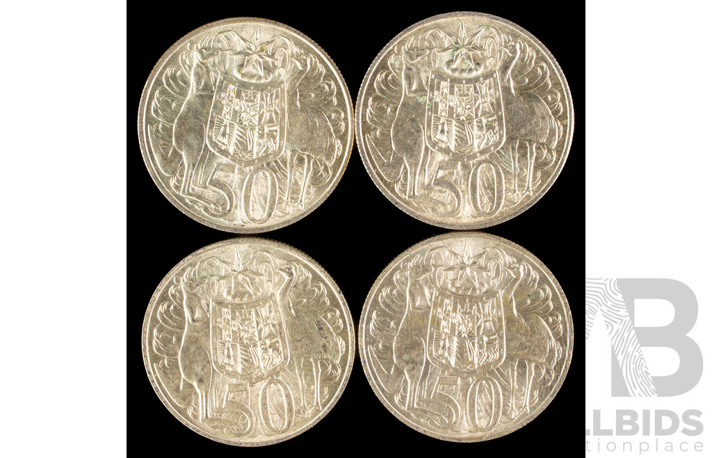 Four Australian 1966 Round Silver Fifty Cent Coins .800