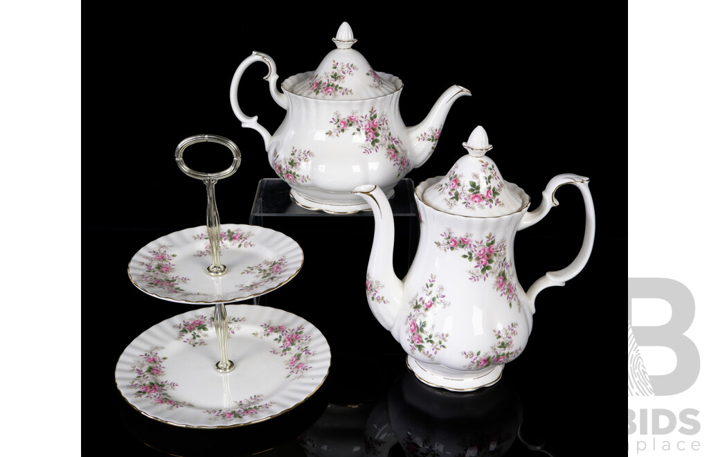 Three Pieces Vintage English Royal Albert Porcelain Comprising Lidded Tea & Coffee Pot Along with Two Tier Cake Stand in Lavender Rose Pattern