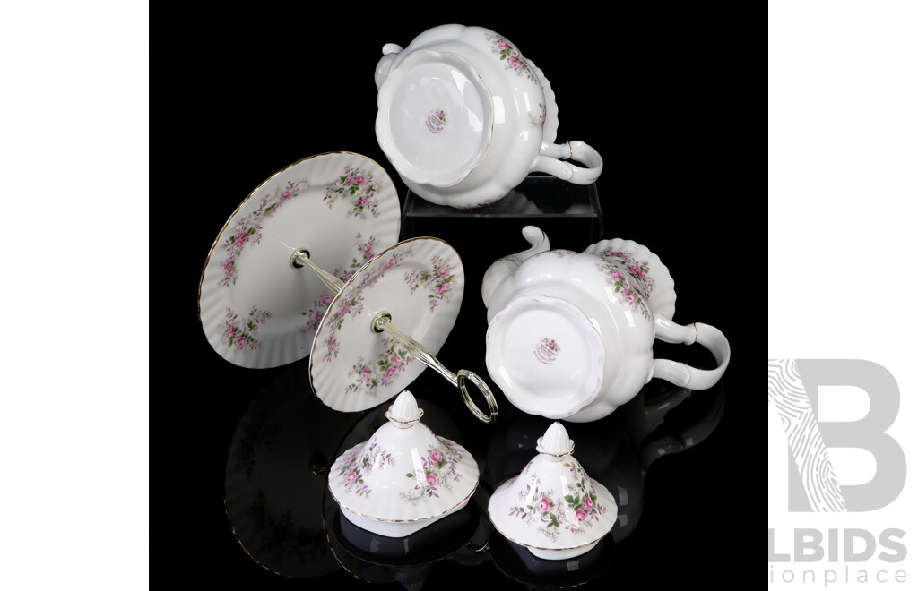 Three Pieces Vintage English Royal Albert Porcelain Comprising Lidded Tea & Coffee Pot Along with Two Tier Cake Stand in Lavender Rose Pattern