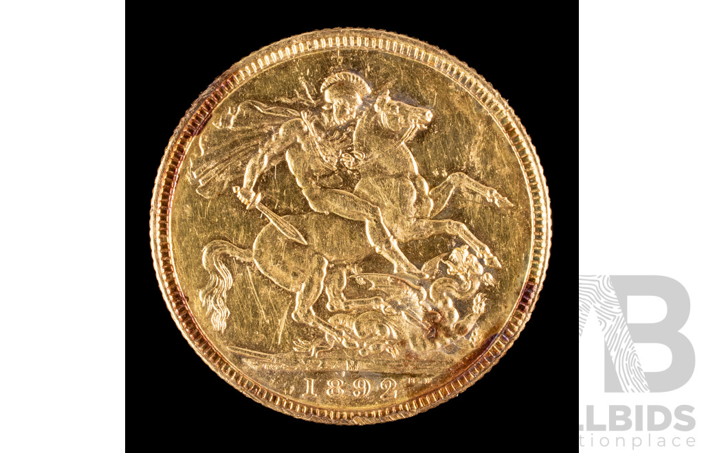 Australian 1892 QV Gold Sovereign, Melbourne Mint .917