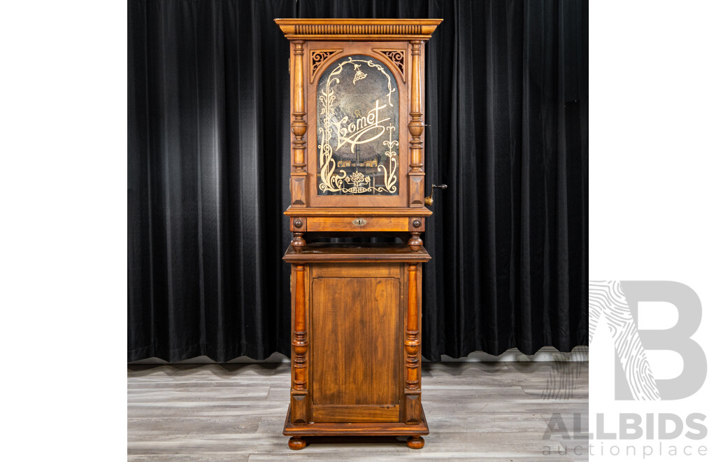 Turn of the Century Komet Upright Music Box in Walnut Case on Later Stand with 44 Various 45cm Kalliope Discs