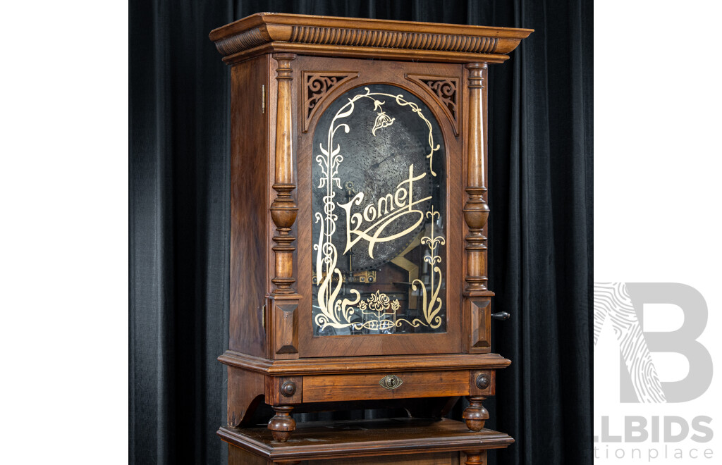 Turn of the Century Komet Upright Music Box in Walnut Case on Later Stand with 44 Various 45cm Kalliope Discs