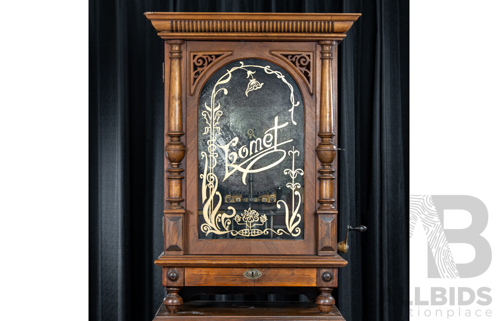Turn of the Century Komet Upright Music Box in Walnut Case on Later Stand with 44 Various 45cm Kalliope Discs