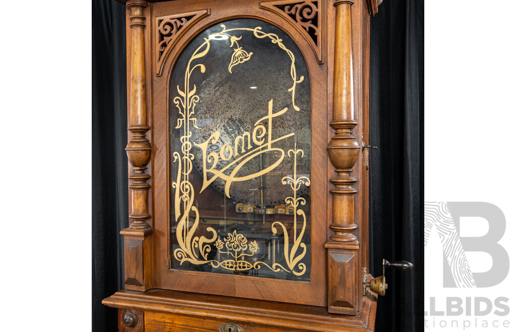 Turn of the Century Komet Upright Music Box in Walnut Case on Later Stand with 44 Various 45cm Kalliope Discs
