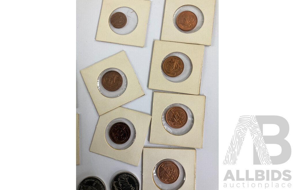 Australian One and Two Cent Coins, Ones 1966, 1969 Consecutive to 1976, Twos 1966, 1969 Consecutive to 1974, Twelve Comemorative Twenty Cents, Five 200 Fifty Cents - Centenary of Federation
