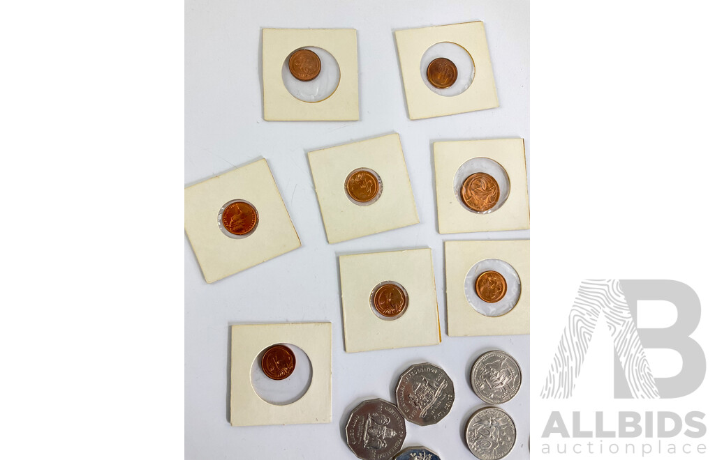 Australian One and Two Cent Coins, Ones 1966, 1969 Consecutive to 1976, Twos 1966, 1969 Consecutive to 1974, Twelve Comemorative Twenty Cents, Five 200 Fifty Cents - Centenary of Federation