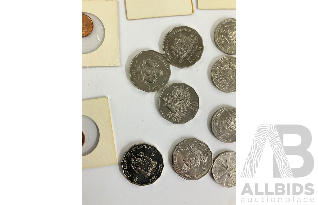 Australian One and Two Cent Coins, Ones 1966, 1969 Consecutive to 1976, Twos 1966, 1969 Consecutive to 1974, Twelve Comemorative Twenty Cents, Five 200 Fifty Cents - Centenary of Federation