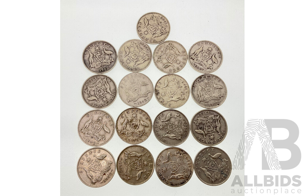 Seventeen Australian 1942, 1942D, 1942S Silver Sixpence .925