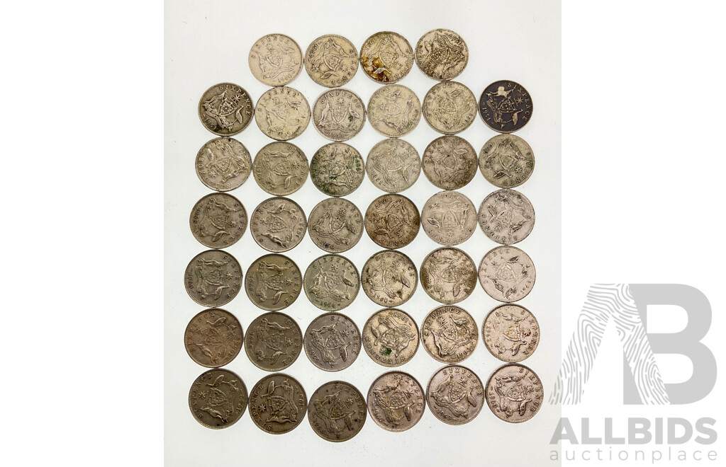 Forty Australian KGVI/QE2 Silver Sixpence, Examples Spanning 1950 to 1962 .500