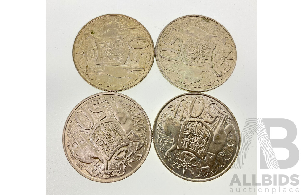 Four Australian 1966 Round Silver Fifty Cent Coins .800