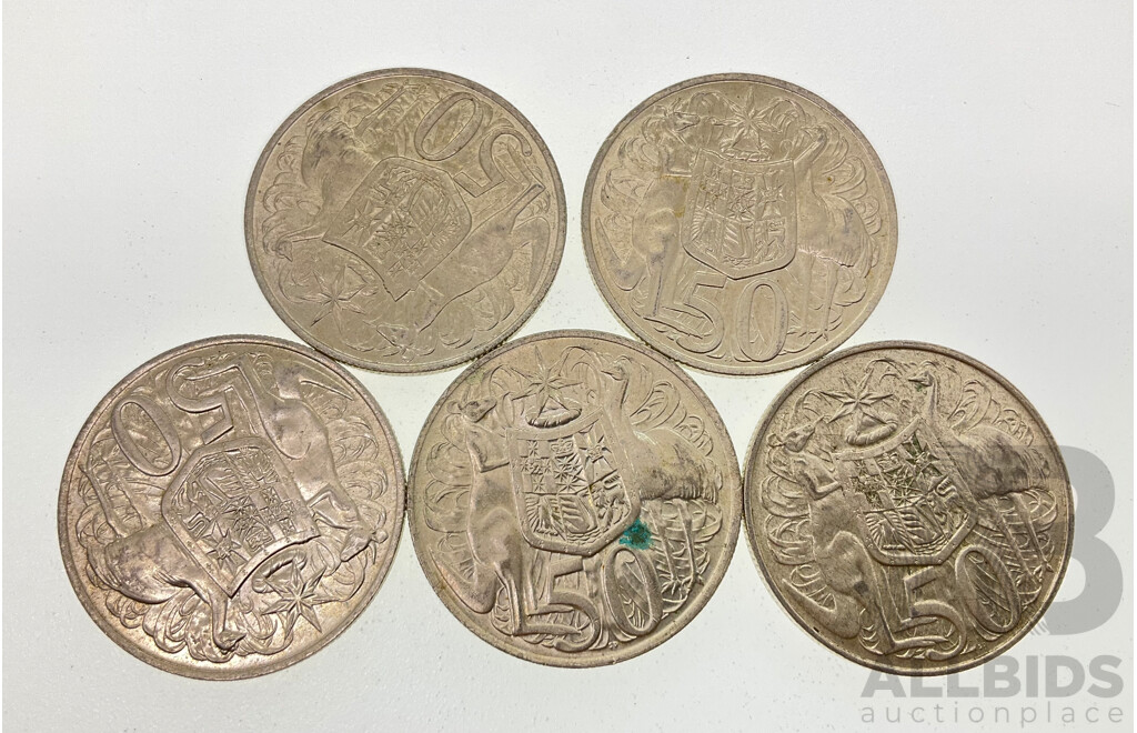 Five Australian 1966 Round Silver Fifty Cent Coins .800