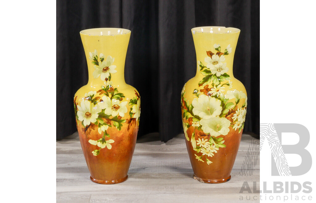 Pair of Glazed Ceramic Vases with Floral Motif by Leeds Pottery