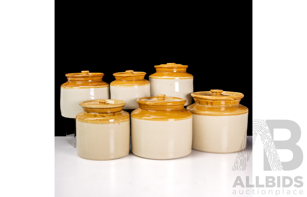 Bendigo Pottery Salt Glaze Lidded Croc and Five Unmarked Examples