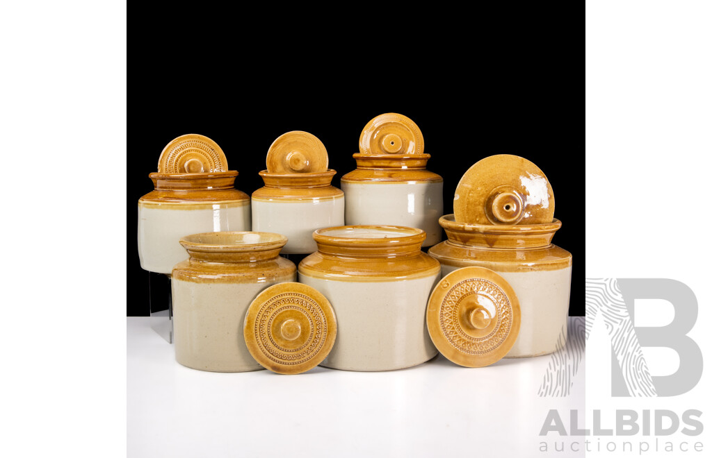 Bendigo Pottery Salt Glaze Lidded Croc and Five Unmarked Examples